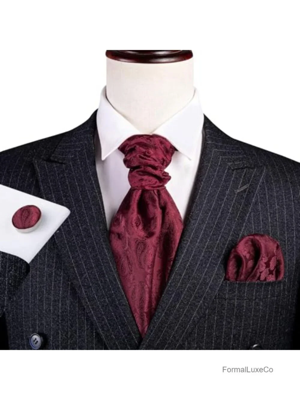 Men's Jacquard Woven Silk Microfiber Cravat & Hanky Set with Cufflinks, Self